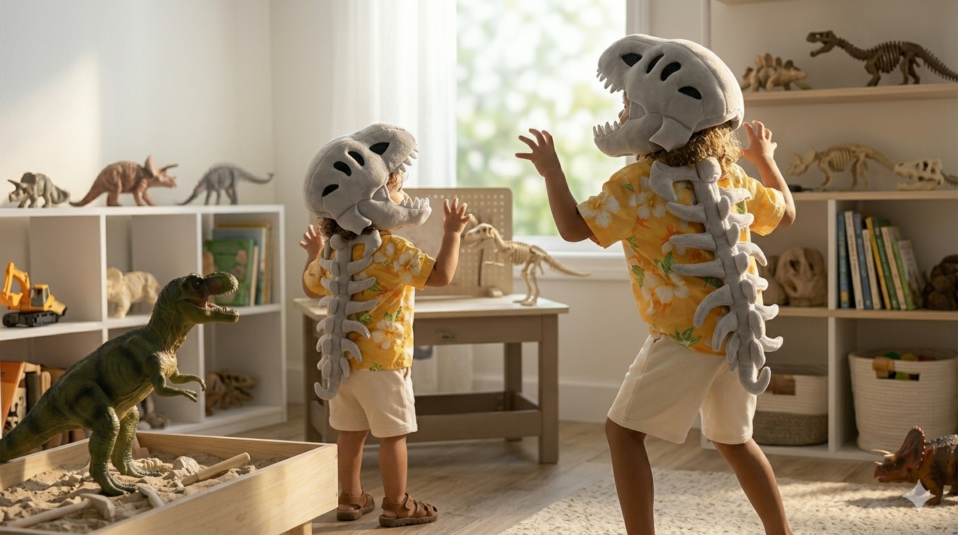 Happy kids in dinosaur onesies